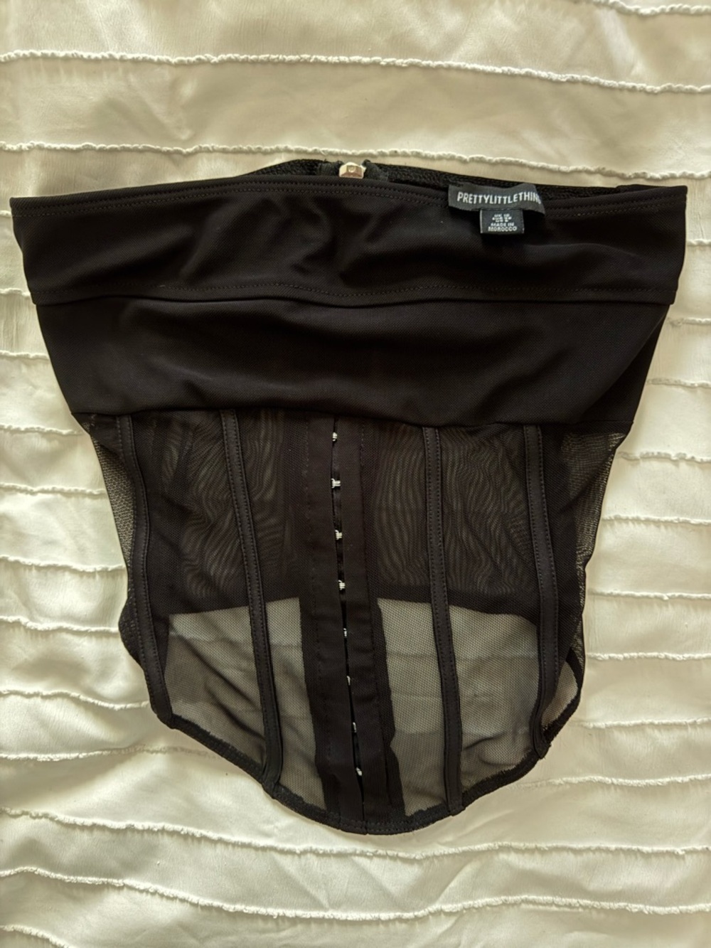 PRETTYLITTLETHING Black Mesh Corset going out top